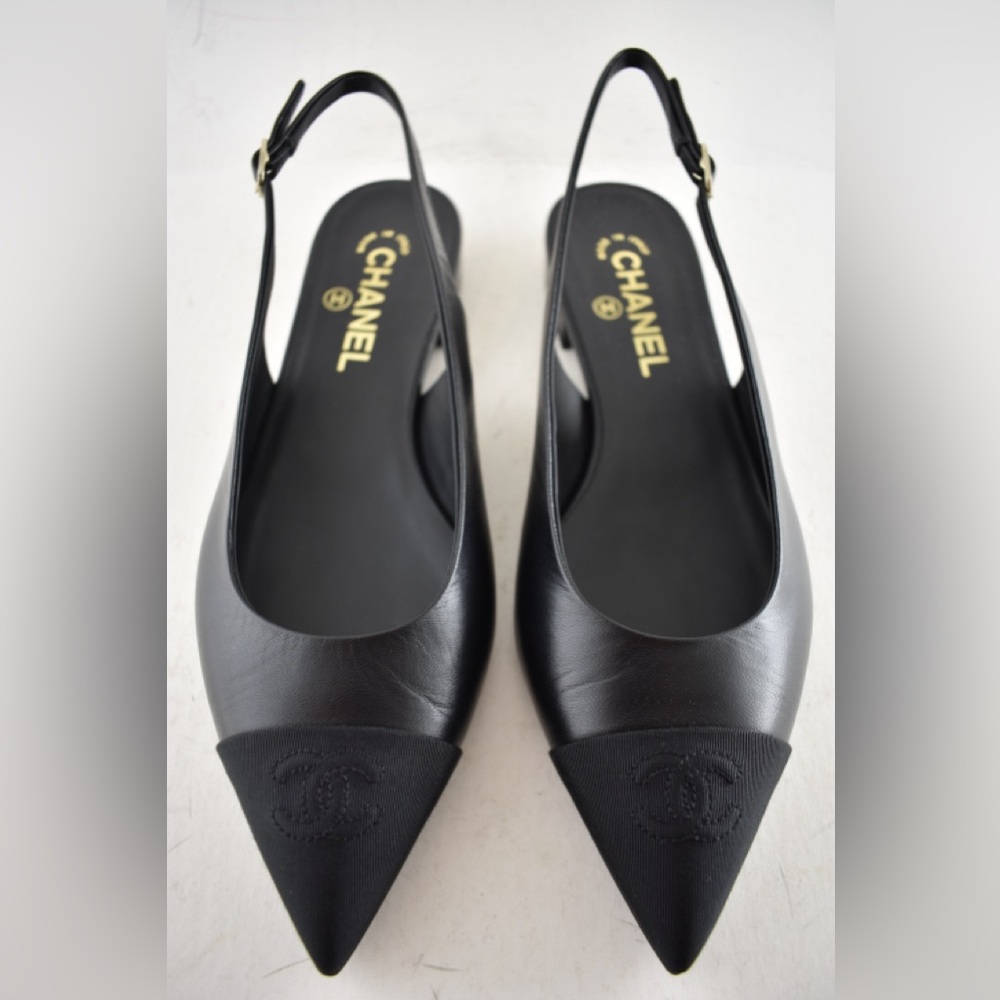 Chanel 24A Black Leather CC Logo Coco Sling Slingback Pointed Ballet Flat 38.5 - Picture 3 of 16